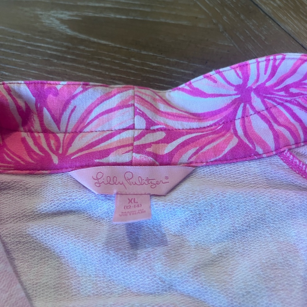 • Pink quarter zip pullover jacket with pink floral and cat print. - Picture 3 of 4
